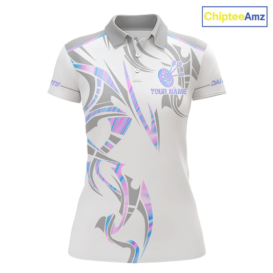 White and holographic dartboard crown darts polo shirt for women with custom darts team graphics.