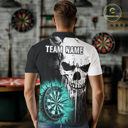 Personalized Grunge Skull Crack Wall Men Dart Shirts Custom Darts League Team Jerseys |Turquoise TDM2784