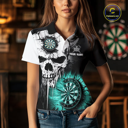 Personalized Grunge Skull Crack Wall Women Dart Shirts Custom Darts League Team Jerseys |Turquoise TDM2784