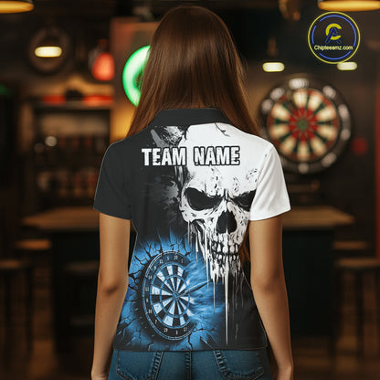 Personalized Grunge Skull Crack Wall Women Dart Shirts Custom Scary Darts League Team Jerseys |Blue TDM2785