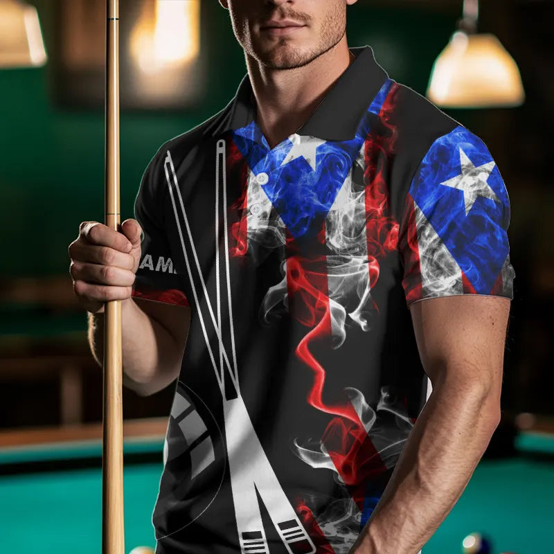 Smoke Puerto Rico US Flag Custom Billiard Shirt For Men, Patriotic 8 Ball Pool Team Jersey TDM3450