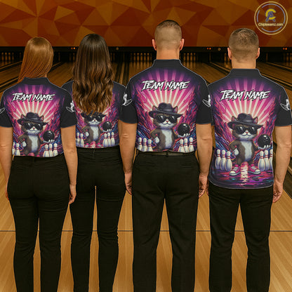 Pink Funny Cat Bowling Jersey For Women Custom Neon Graffiti Bowling Shirt Team Polo & 1/4 Zip TDM5756