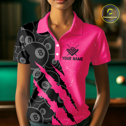 Custom Grunge Pink Black 8 Ball Pool Billiard Shirt For Women, Billiard Team Jersey Polo & 1/4 Zip TDM5960