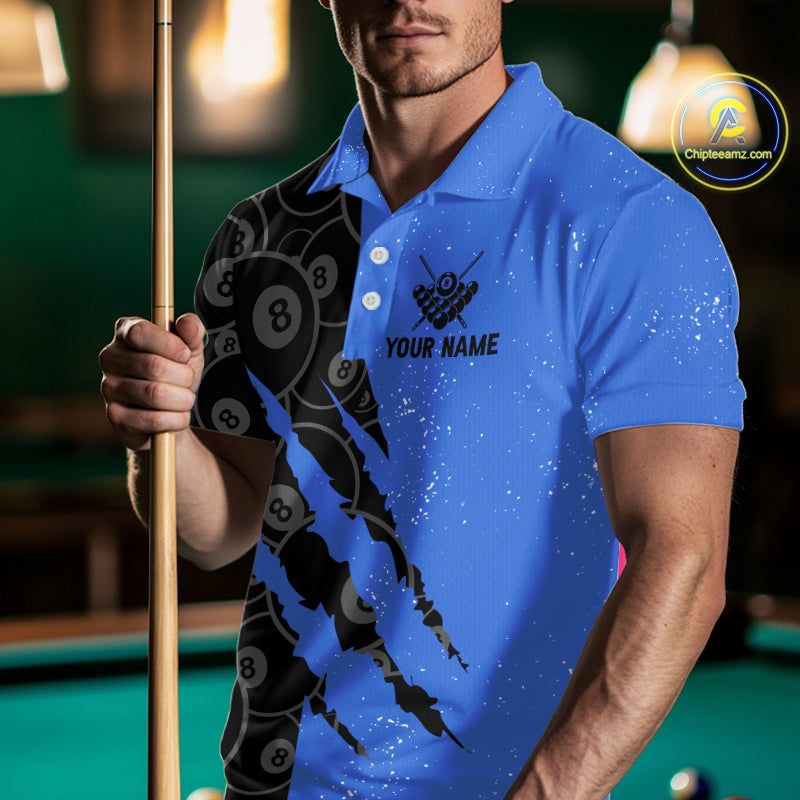 Custom Grunge Black And Blue 8 Ball Billiard Shirt For Men, Pool Team Jersey Polo & 1/4 Zip TDM5962