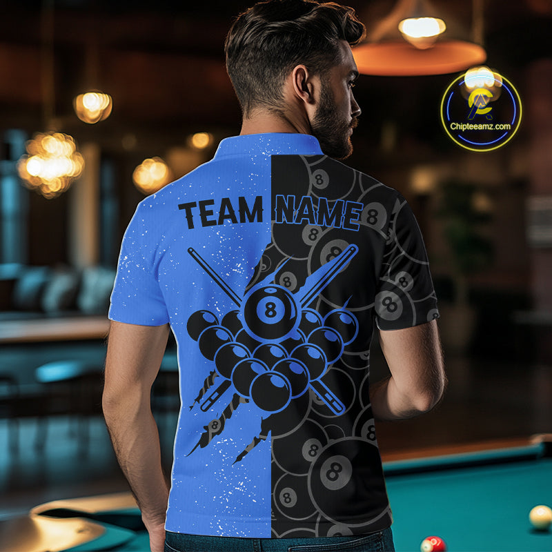 Custom Grunge Black And Blue 8 Ball Billiard Shirt For Men, Pool Team Jersey Polo & 1/4 Zip TDM5962