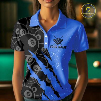 Custom Grunge Black And Blue 8 Ball Billiard Shirt For Women, Pool Team Jersey Polo & 1/4 Zip TDM5962