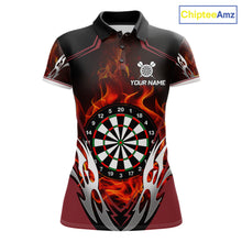 Load image into Gallery viewer, Red flaming silver darts polo shirt for women with custom darts team graphics.
