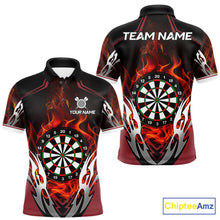 Load image into Gallery viewer, Red flaming silver darts polo shirt for men with custom darts team graphics.