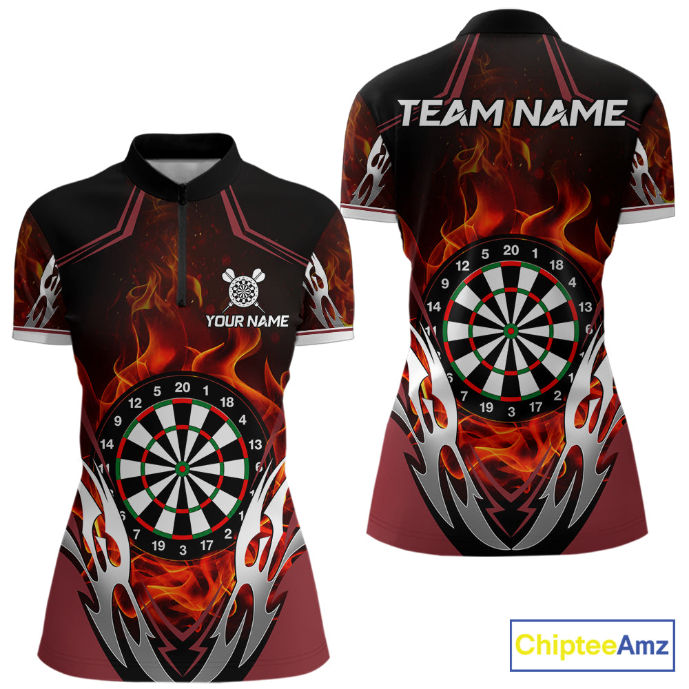 Red flaming silver darts quarter zip shirt for women designed for league tournaments and team events.