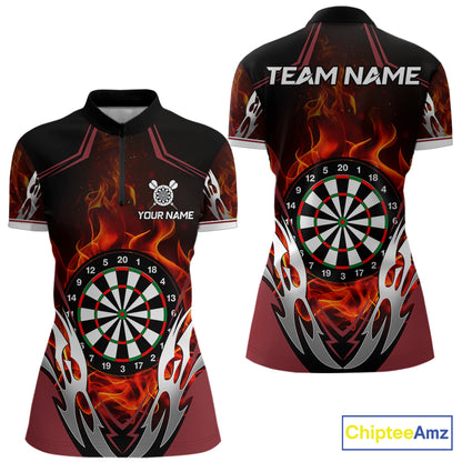 Red flaming silver darts quarter zip shirt for women designed for league tournaments and team events.