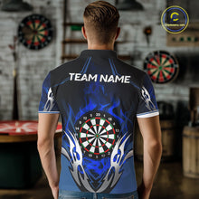 Load image into Gallery viewer, Back view of man wearing a blue flaming silver darts shirt.