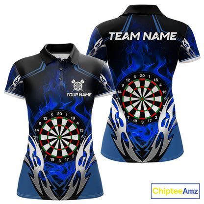 Blue flaming silver darts polo shirt for women with custom darts team graphics.