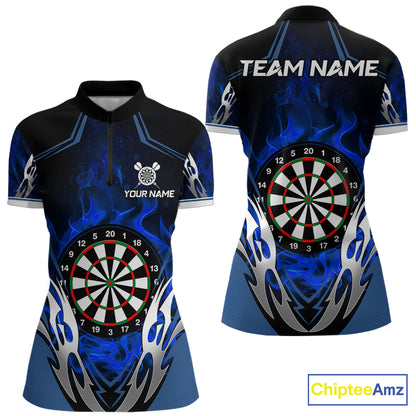 Blue flaming silver darts quarter zip shirt for women designed for league tournaments and team events.