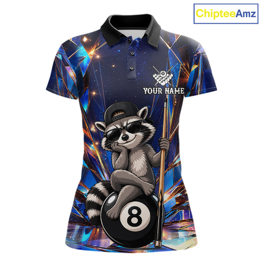Funny raccoon crystal 8 ball billiard polo shirt for women with custom pool team graphics.