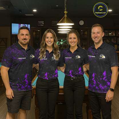 Pool Team Wearing Personalized Purple Grim Reaper 8 Ball 9 Ball Billiard League Jerseys During Tournament Competition, Front View
