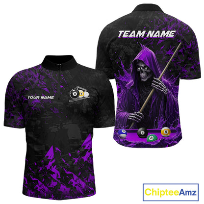 Personalized Purple Grim Reaper 8 Ball 9 Ball Quarter Zip Billiard Shirt Created for Pool League Teams with Athletic Performance Design
