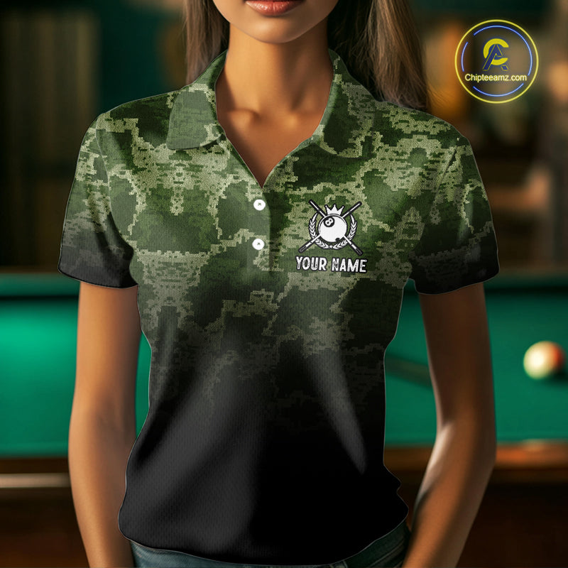 Black And Green Camo American Flag 8 Ball Billiard Shirt For Women Custom Patriotic Pool Team Jersey TDM5036