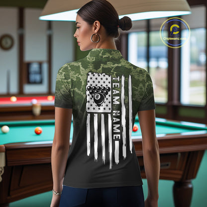 Black And Green Camo American Flag 8 Ball Billiard Shirt For Women Custom Patriotic Pool Team Jersey TDM5036
