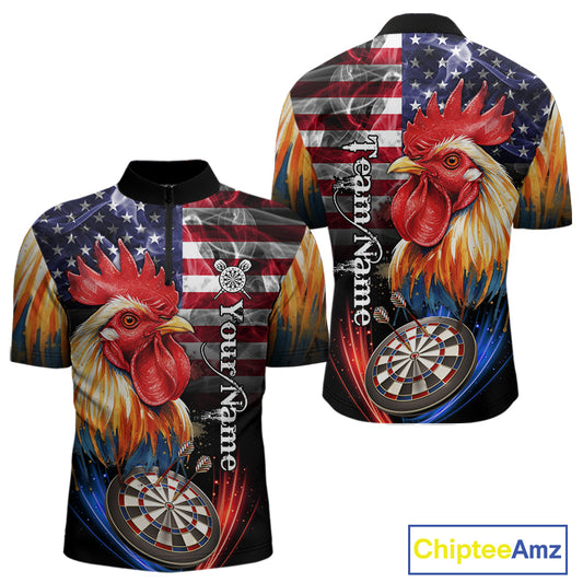 American Flag Smoke Rooster Darts Shirt For Men Custom Patriotic Darts Jersey Team Polo, 1/4 Zip TDM5257