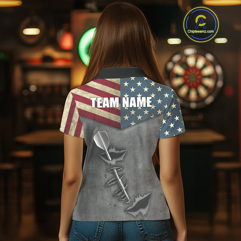Personalized American Flag Steel Tip Dart Polo & 1/4 Zip For Women Custom Patriotic Darts Jersey TDM5260
