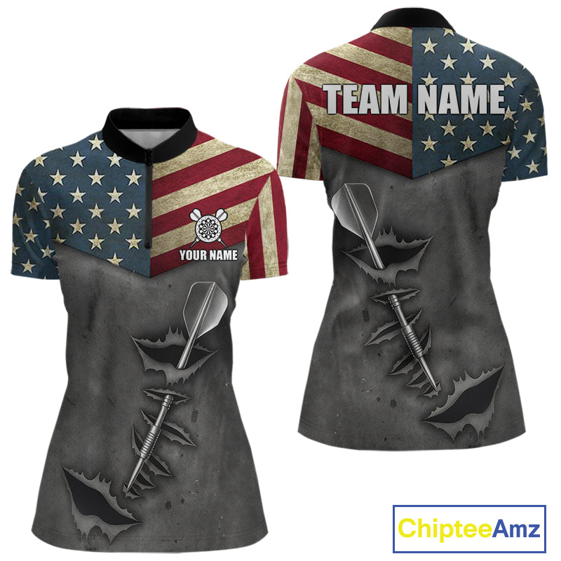 Personalized American Flag Steel Tip Dart Polo & 1/4 Zip For Women Custom Patriotic Darts Jersey TDM5260