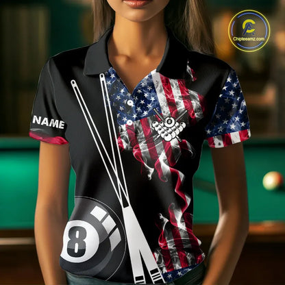 Personalized US Flag Smoke 8 Ball Pool Billiard Shirt For Women Custom Patriotic Billiard Team Jersey TDM5516