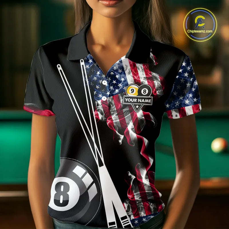 American Flag Smoke 8 Ball & 9 Ball Pool Billiard Shirt For Women Custom Patriotic Billiard Jersey TDM5517