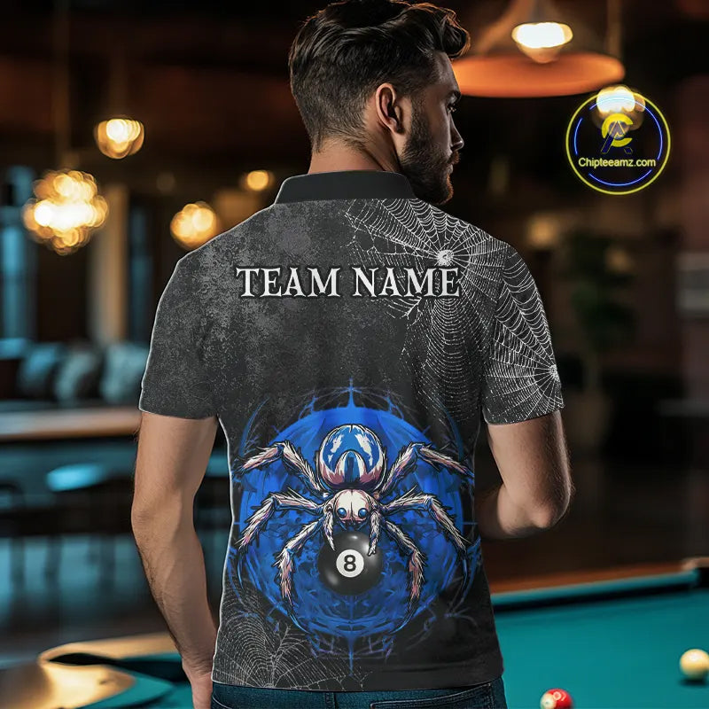 Personalized Grunge Spider Web 8 Ball Pool Billiard Shirt For Men, Billiard Team Jerseys |Blue TDM5518