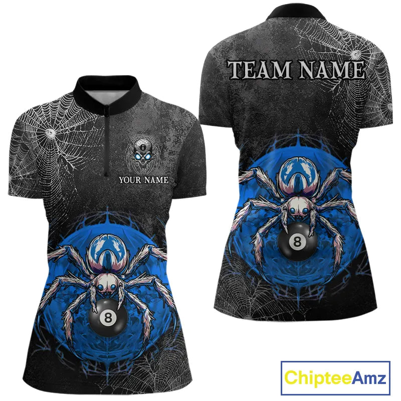 Personalized Grunge Spider Web 8 Ball Pool Billiard Shirt For Women, Billiard Team Jerseys |Blue TDM5518