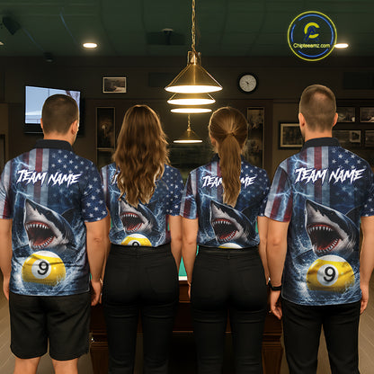 American Flag Shark 8 Ball & 9 Ball Billiard Shirt For Women Custom Lightning Patriotic Pool Jersey TDM5770