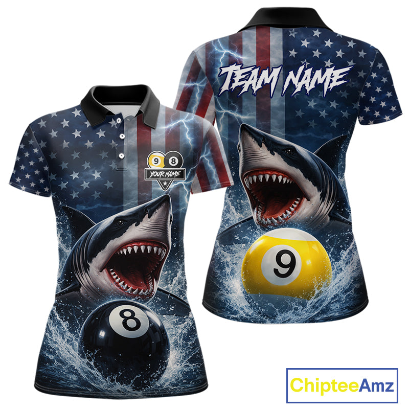 American Flag Shark 8 Ball & 9 Ball Billiard Shirt For Women Custom Lightning Patriotic Pool Jersey TDM5770