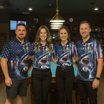 American Flag Shark 8 Ball & 9 Ball Billiard Shirt For Women Custom Lightning Patriotic Pool Jersey TDM5770