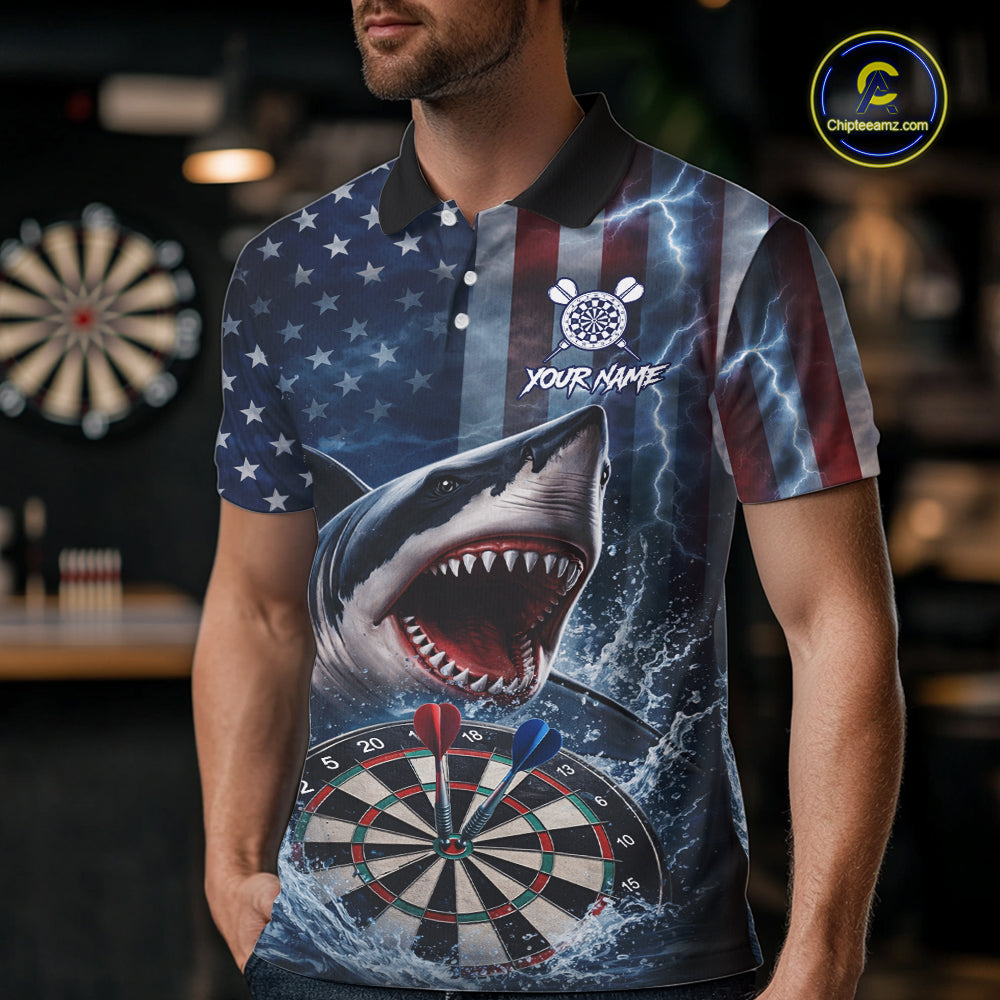 American Flag Shark Darts Shirt For Men Custom Lightning Patriotic Dart Jersey Team Polo & 1/4 Zip TDM5771