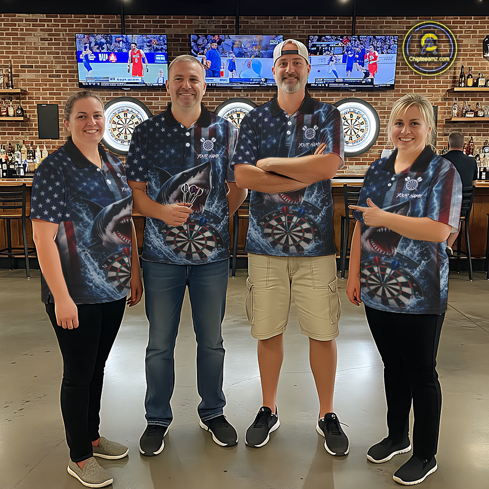 American Flag Shark Darts Shirt For Women Custom Lightning Patriotic Dart Jersey Team Polo & 1/4 Zip TDM5771