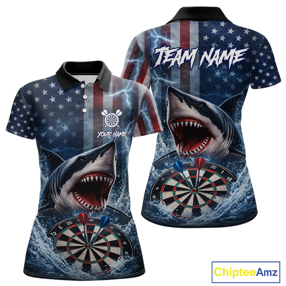 American Flag Shark Darts Shirt For Women Custom Lightning Patriotic Dart Jersey Team Polo & 1/4 Zip TDM5771