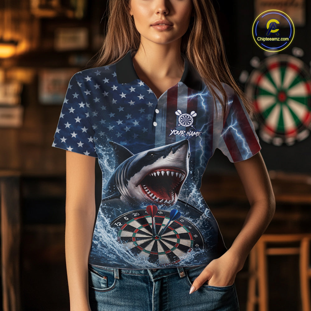 American Flag Shark Darts Shirt For Women Custom Lightning Patriotic Dart Jersey Team Polo & 1/4 Zip TDM5771