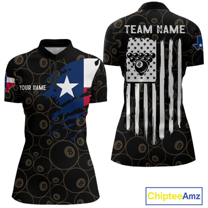 Personalized Texas Flag 8 Ball Pool Shirt For Women Custom US Flag Billiard Jersey Polo & 1/4 Zip TDM6137