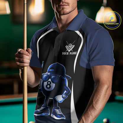 Blue Funny 8 Ball Pool US Flag Billiard Shirt For Men Custom Billiard Team Jersey Polo & 1/4 Zip TDM6365