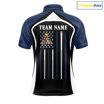 Blue Funny 8 Ball Pool US Flag Billiard Shirt For Men Custom Billiard Team Jersey Polo & 1/4 Zip TDM6365
