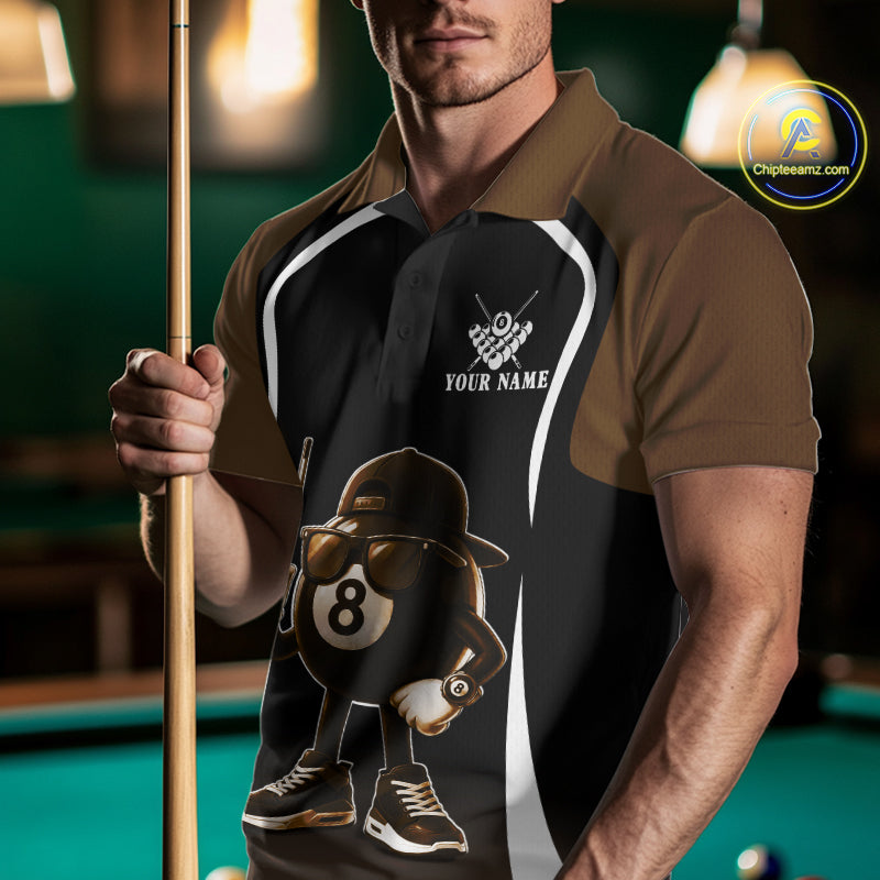 Brown Funny 8 Ball Pool US Flag Billiard Shirt For Men Custom Billiard Team Jersey Polo & 1/4 Zip TDM6366