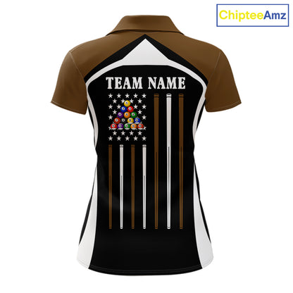 Brown Funny 8 Ball Pool US Flag Billiard Shirt For Women Custom Billiard Team Jersey Polo & 1/4 Zip TDM6366