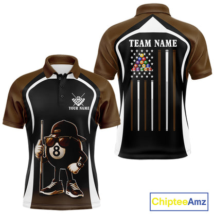 Brown Funny 8 Ball Pool US Flag Billiard Shirt For Men Custom Billiard Team Jersey Polo & 1/4 Zip TDM6366