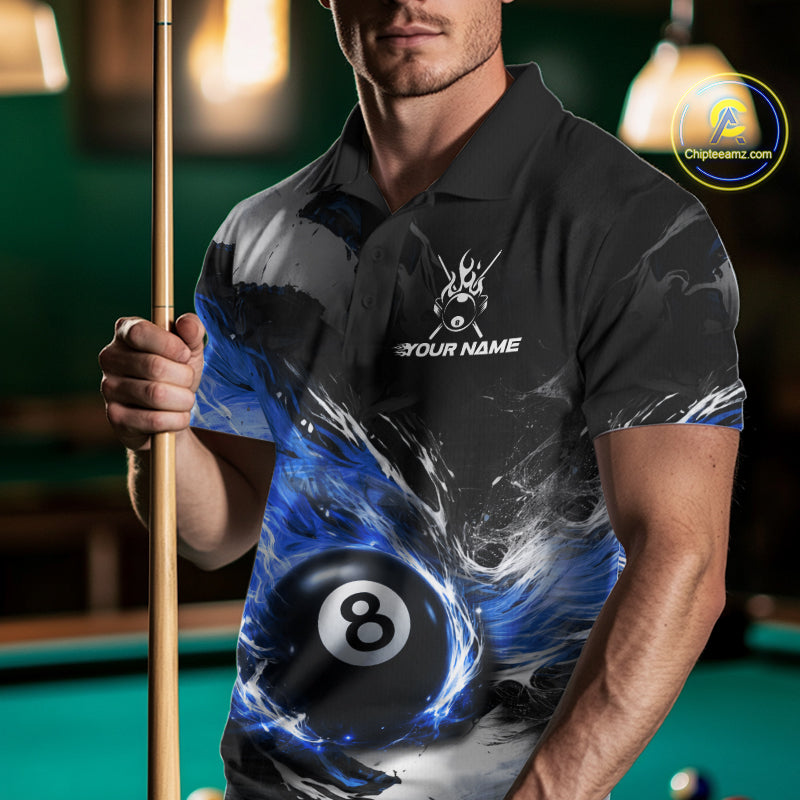 Custom Blue Flaming 8 Ball Pool Billiard Shirt For Men, Billiard Team Jersey Polo & 1/4 Zip TDM6370