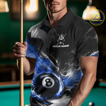 Custom Blue Flaming 8 Ball Pool Billiard Shirt For Men, Billiard Team Jersey Polo & 1/4 Zip TDM6370