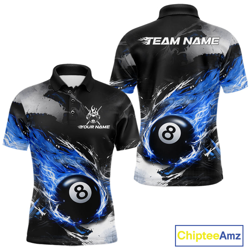 Custom Blue Flaming 8 Ball Pool Billiard Shirt For Men, Billiard Team Jersey Polo & 1/4 Zip TDM6370