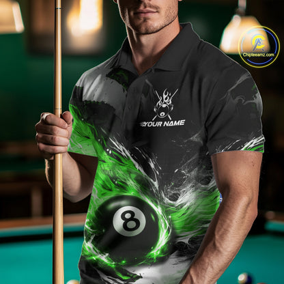 Custom Green Flaming 8 Ball Pool Billiard Shirt For Men, Billiard Team Jersey Polo & 1/4 Zip TDM6371