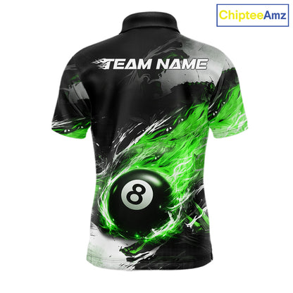 Custom Green Flaming 8 Ball Pool Billiard Shirt For Men, Billiard Team Jersey Polo & 1/4 Zip TDM6371
