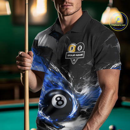 Custom 8 Ball & 9 Ball Pool Blue Flame Billiard Shirt For Men, Billiard Team Jersey Polo & 1/4 Zip TDM6372