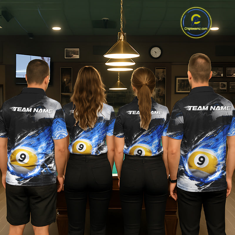 Custom 8 Ball & 9 Ball Pool Blue Flame Billiard Shirt For Women, Billiard Team Jersey Polo & 1/4 Zip TDM6372