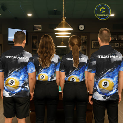 Custom 8 Ball & 9 Ball Pool Blue Flame Billiard Shirt For Women, Billiard Team Jersey Polo & 1/4 Zip TDM6372